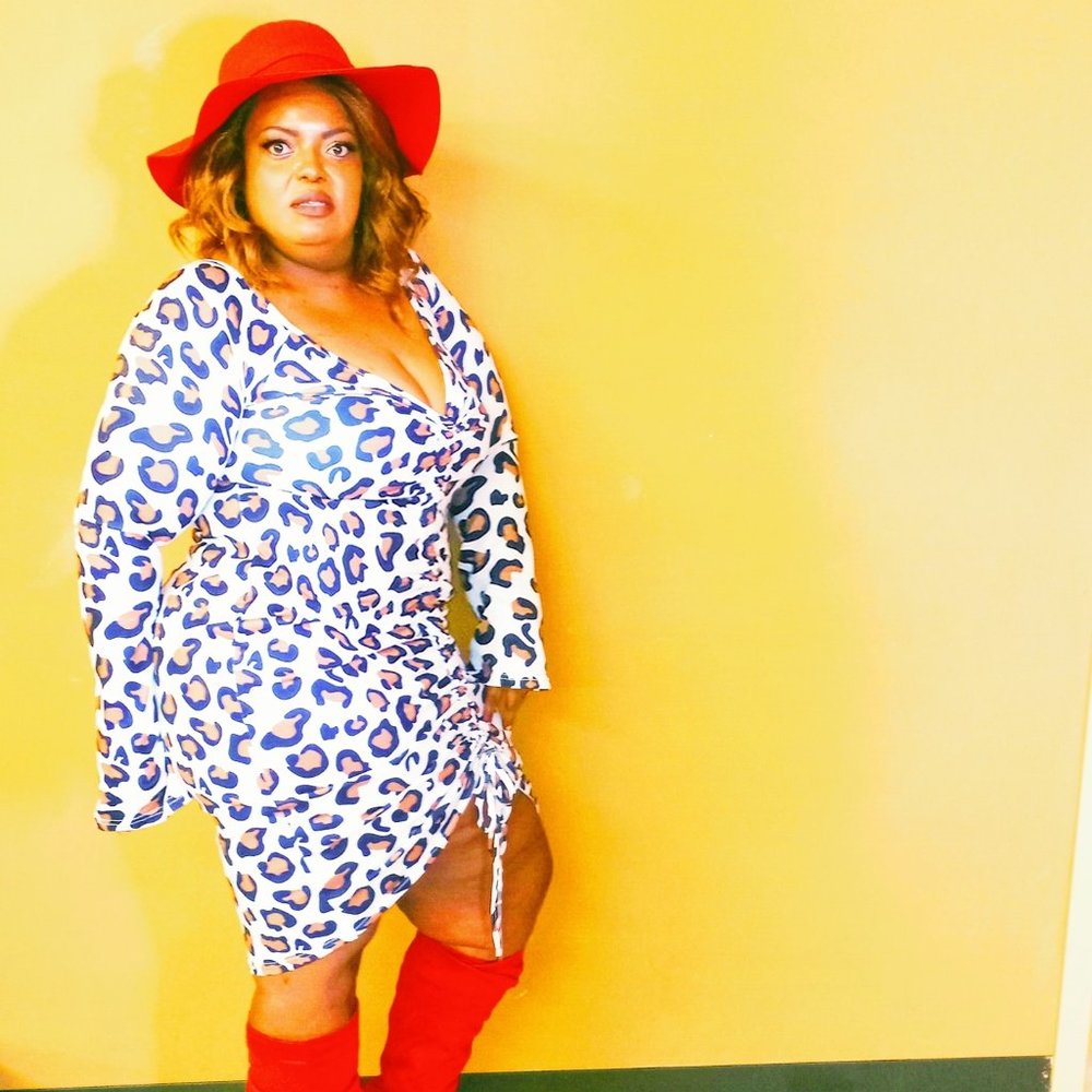 Bold Leopard Print, body-con tie front dress,bell sleeve